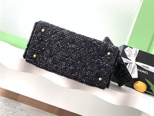 Ch*el 25 medium handbag tweed gold tone metal black as5311
