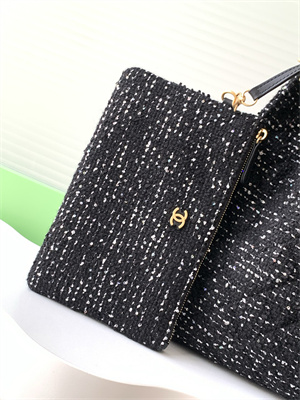 Ch*el 25 medium handbag tweed gold tone metal black as5311