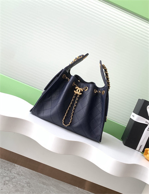 Ch*el 25 small handbag grained calfskin gold tone metal navy as5293