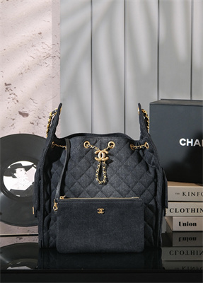 Ch*el 25 medium handbag black denim gold tone metal as5311