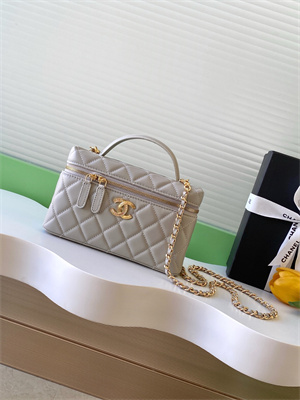 Ch*el vanity with chain shinny lambskin , strass & gold-tone metal light grey ap4804