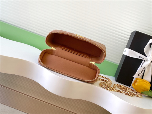 Ch*el vanity with chain shinny lambskin , strass & gold-tone metal brown ap4804