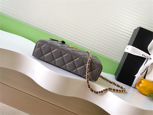 Ch*el vanity with chain shinny lambskin , strass & gold-tone metal dk grey ap4804