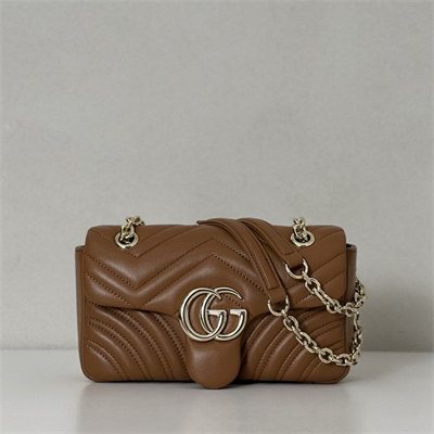Gu.cci GG Marmont Small shoulder bag matelassé chevron lambskin leather Lt Gold toned hardware Brown 837280