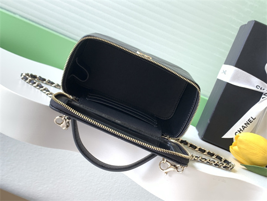 Ch*el long vanity with chain grained calfskin & gold-tone metal black ap4933