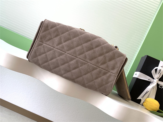 Ch*el 25 medium handbag suede gold tone metal taupe as5311