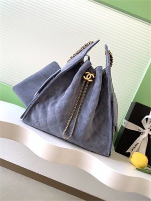 Ch*el 25 medium handbag suede gold tone metal blue as5311