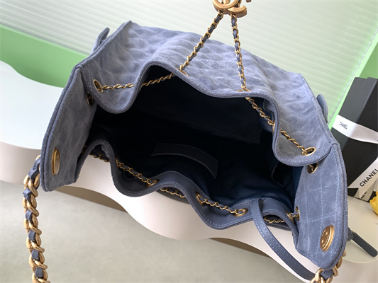 Ch*el 25 medium handbag suede gold tone metal blue as5311