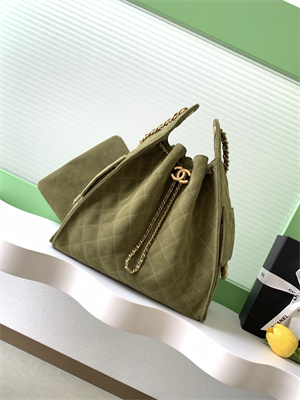 Ch*el 25 medium handbag suede gold tone metal green as5311