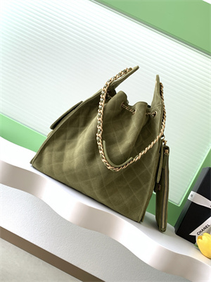 Ch*el 25 medium handbag suede gold tone metal green as5311