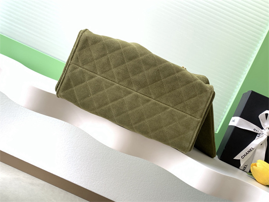 Ch*el 25 medium handbag suede gold tone metal green as5311