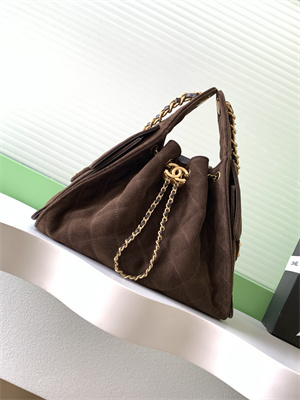 Ch*el 25 small handbag suede gold tone metal coffee as5293