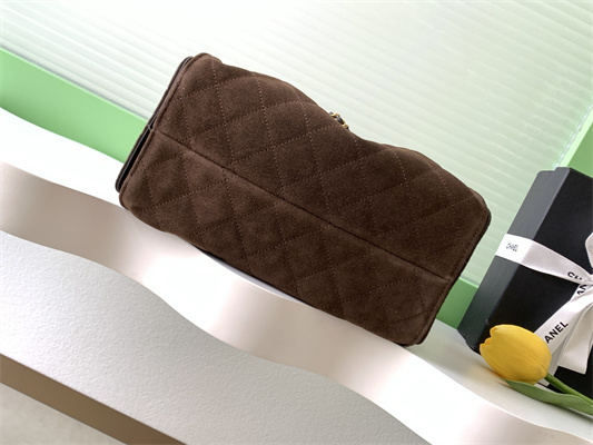 Ch*el 25 small handbag suede gold tone metal coffee as5293