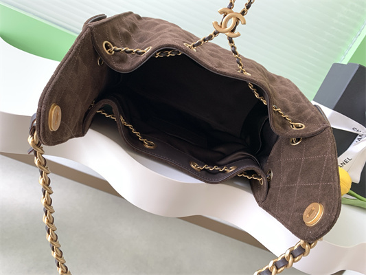 Ch*el 25 small handbag suede gold tone metal coffee as5293