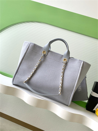 Ch*el deauville large shopping bag mixed fibers gold tone metal lt grey a66941