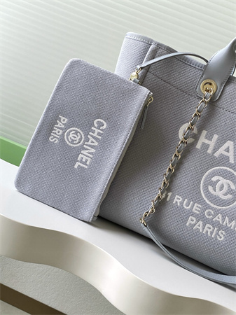 Ch*el deauville large shopping bag mixed fibers gold tone metal lt grey a66941