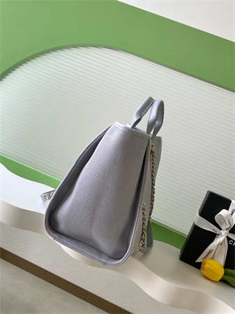 Ch*el deauville large shopping bag mixed fibers gold tone metal lt grey a66941