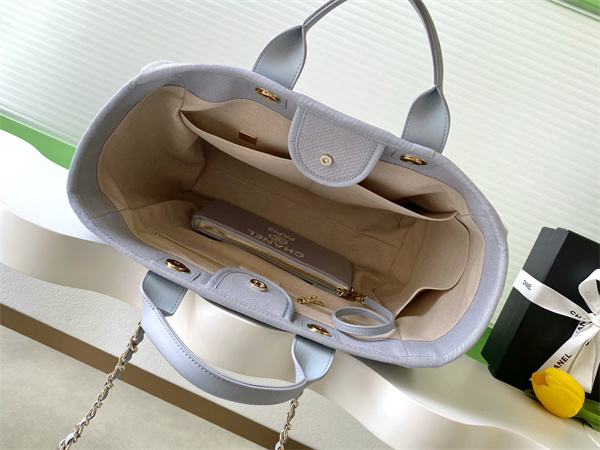 Ch*el deauville large shopping bag mixed fibers gold tone metal lt grey a66941