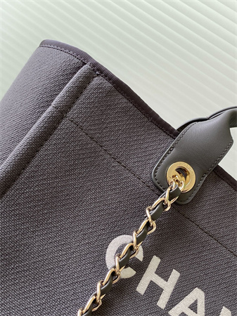 Ch*el deauville large shopping bag mixed fibers gold tone metal grey a66941