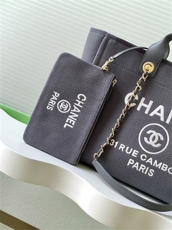 Ch*el deauville large shopping bag mixed fibers gold tone metal grey a66941