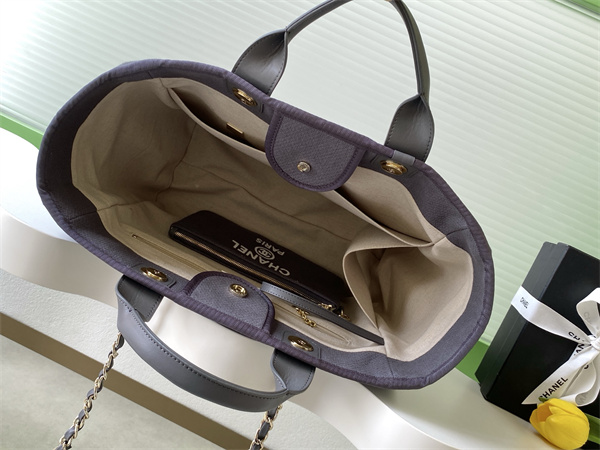 Ch*el deauville large shopping bag mixed fibers gold tone metal grey a66941