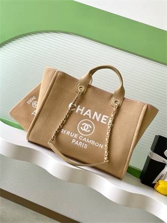 Ch*el deauville large shopping bag mixed fibers gold tone metal dk beige a66941