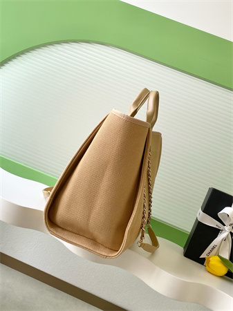 Ch*el deauville large shopping bag mixed fibers gold tone metal dk beige a66941