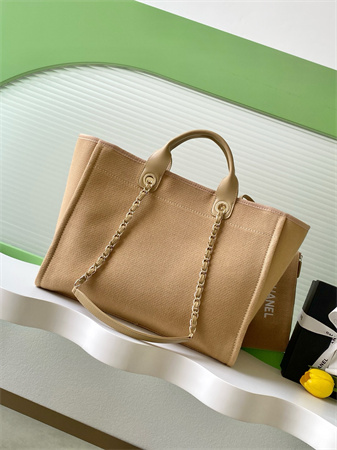 Ch*el deauville large shopping bag mixed fibers gold tone metal dk beige a66941