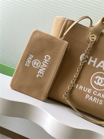 Ch*el deauville large shopping bag mixed fibers gold tone metal dk beige a66941