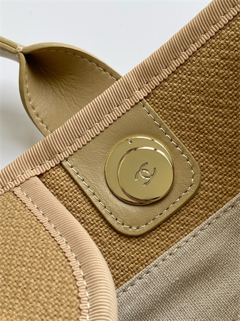 Ch*el deauville large shopping bag mixed fibers gold tone metal dk beige a66941