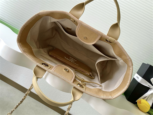 Ch*el deauville large shopping bag mixed fibers gold tone metal dk beige a66941