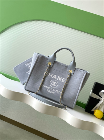 Ch*el deauville small shopping bag mixed fibers gold tone metal lt grey as3257