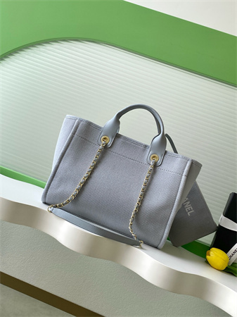 Ch*el deauville small shopping bag mixed fibers gold tone metal lt grey as3257