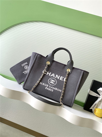 Ch*el deauville small shopping bag mixed fibers gold tone metal grey as3257