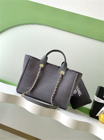 Ch*el deauville small shopping bag mixed fibers gold tone metal grey as3257