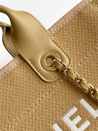 Ch*el deauville small shopping bag mixed fibers gold tone metal dk grey as3257