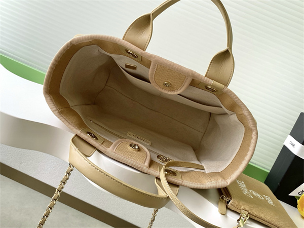 Ch*el deauville small shopping bag mixed fibers gold tone metal dk grey as3257