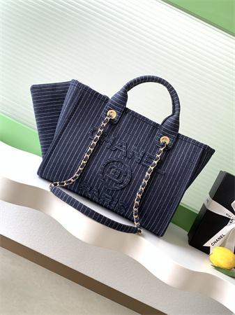 Ch*el deauville small shopping bag mixed fibers strip gold tone metal as3257