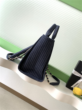 Ch*el deauville small shopping bag mixed fibers strip gold tone metal as3257