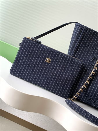 Ch*el deauville small shopping bag mixed fibers strip gold tone metal as3257