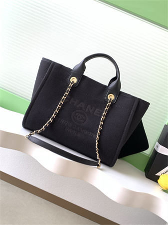 Ch*el deauville small shopping bag mixed fibers gold tone metal black as3257