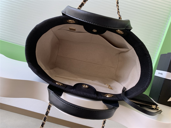 Ch*el deauville small shopping bag mixed fibers gold tone metal black as3257