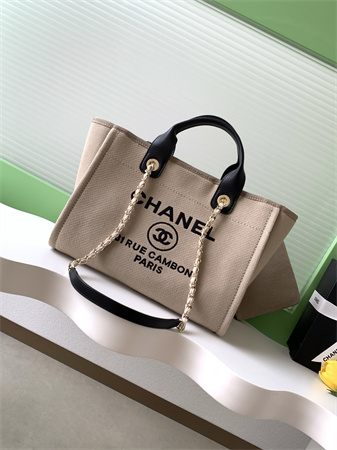 Ch*el deauville small shopping bag mixed fibers gold tone metal beige as3257