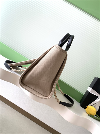 Ch*el deauville small shopping bag mixed fibers gold tone metal beige as3257