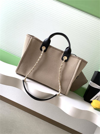 Ch*el deauville small shopping bag mixed fibers gold tone metal beige as3257