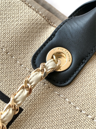 Ch*el deauville small shopping bag mixed fibers gold tone metal beige as3257