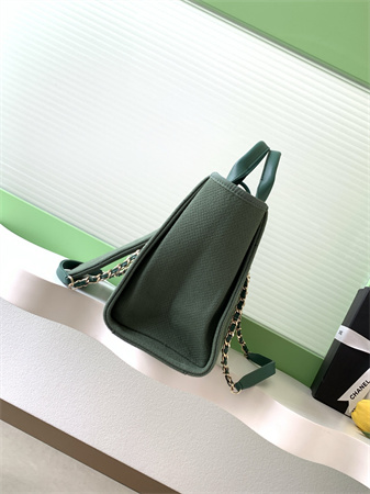 Ch*el deauville small shopping bag mixed fibers gold tone metal green as3257
