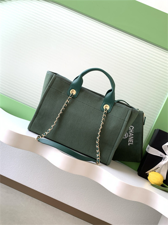 Ch*el deauville small shopping bag mixed fibers gold tone metal green as3257