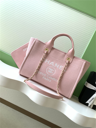 Ch*el deauville small shopping bag mixed fibers gold tone metal pink as3257
