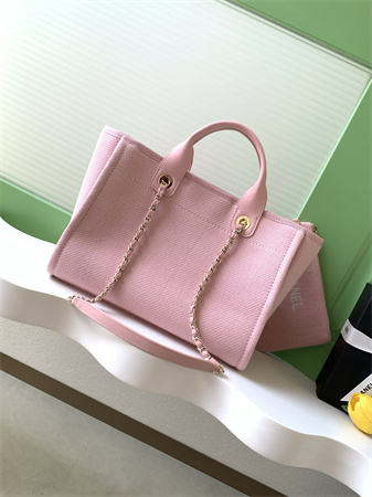 Ch*el deauville small shopping bag mixed fibers gold tone metal pink as3257